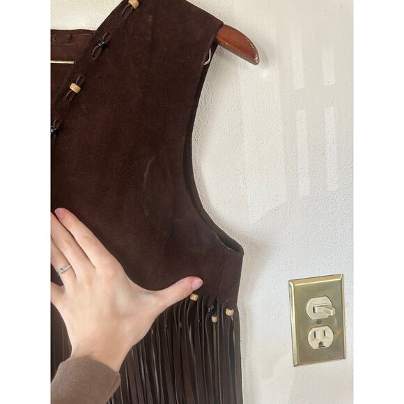 Vintage Leather Beaded Fringe Brown Vest - Picture 6 of 6